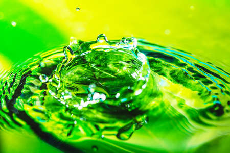 Amazing abstract shot of water drop splash on the green leaf in water. green and yellow background. Macro shot with selective focusの写真素材