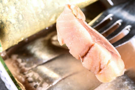 Macro picture of herring fish fillet with can on the background
