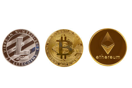 Bitcoin, ethereum and litecoin coins isolated on white background. Crypto currency - electronic virtual money for web banking and international network paymentの写真素材