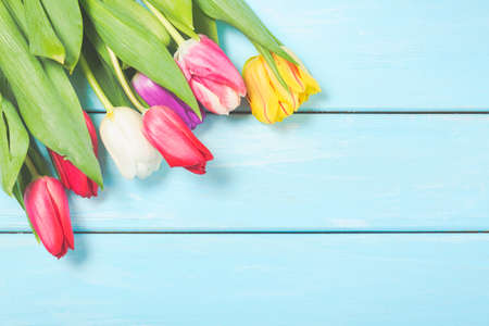 Colorful spring tulip flowers on light blue wooden background as greeting card with free space. Mothersday or spring conceptの写真素材