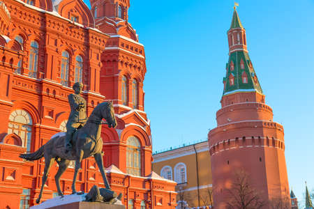 MOSCOW, RUSSIA - MARCH, 2018: Bronze statue of soviet Marshall Georgiy Zhukov near the building of...