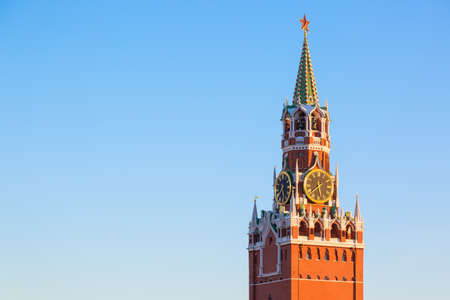 Spasskaya tower Of Kremlin on red Square in Moscow, Russia against blue sky. World famous moscow Landmarkの写真素材