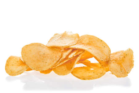 Close up potato chips isolated on white background