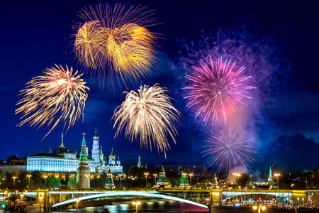 View of Kremlin with fireworks during blue hour in Moscow, Russia. 9 May Victory day against Germany celebration in Russia.の写真素材