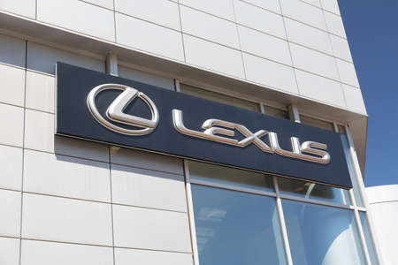 Moscow, Russia - May, 2018: Lexus automobile dealership Sign against blue sky. Lexus is a japanese manufacturer of automobiles and commercial vehiclesのeditorial素材