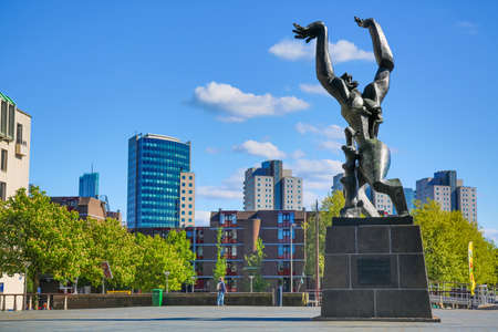 Rotterdam, The Netherlands - May, 2018: Bronze monument Destroyed City and war memorial created by renowned artist Ossip Zadkine. 2nd World War Monument in Rotterdam.のeditorial素材