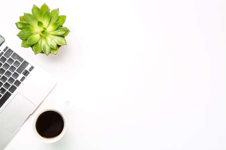 Conceptual workspace or business concept. Laptop computer with plant in a pot and cup of coffee on...