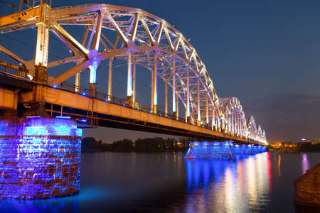 Railway Bridge at night in Riga, Latvia.