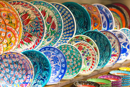 Classical traditional Turkish ceramics colorful dishes at the Istanbul Grand Bazaar. Istanbul,...