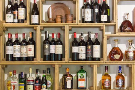 Minsk, Belarus - September, 2018: Various alcohol bottles in a bar or restaurantのeditorial素材