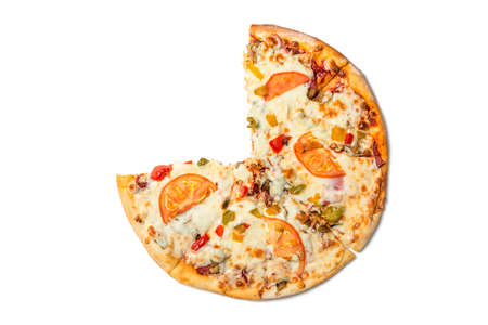 Fresh tasty pizza with tomatoes, olives, cheese, sausage and mushrooms isolated on white background. Top view.の写真素材