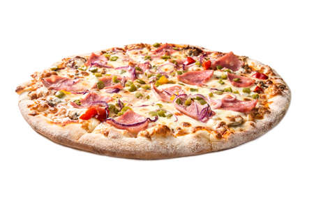 Fresh tasty pizza with cheese, paprika, ham and mushrooms isolated on white background.の写真素材