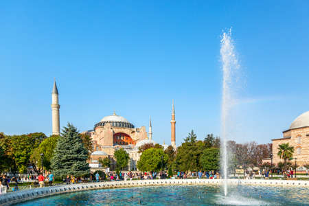 Istanbul, Turkey - August, 2018: Hagia Sophia Ayasofya museum with fountain in the Sultanahmet Park...