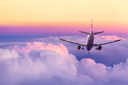 Passenger airplane landing against amazing yellow and pink colorful sky with clouds during sunset. Travel background.の写真素材