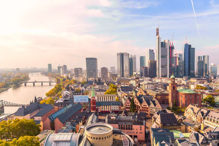 Panoramic view cityscape skyline of business district with skyscrapers during sunrise, Frankfurt am Main. Hessen, Germany.の写真素材