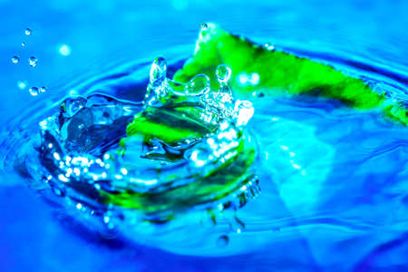 Amazing abstract shot of water drop splash near the green leaf in water. Nature background. Macro shot with selective focus.の写真素材