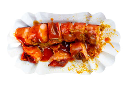 Traditional German streetfood currywurst isolated on white background. Top viewの写真素材