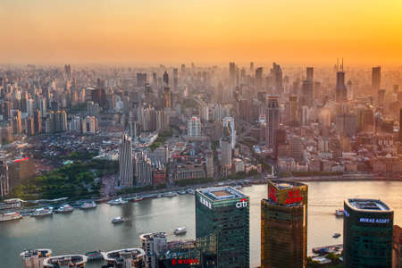 Shanghai, China - May, 2018: Aerial view of Shanghai skyline at sunset