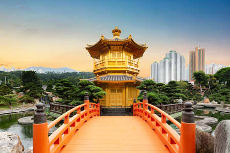 Chi Lin Nunnery of Nan Lian Garden situated at Diamond hill, Hong Kong, China during sunset.の写真素材