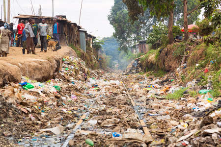 Nairobi, Kenya - August, 2019: Kibera is the biggest slum in Africa. Slums in Nairobi, Kenyaのeditorial素材