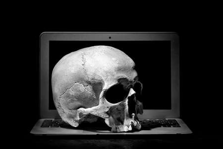 Cybercrime or hacking concept. Laptop in dark room under beam of light with a skull. Idea of virus or worm program cyber attackの写真素材