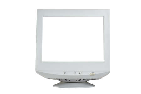 Old retro CRT monitor display with blank white screen isolated on white background