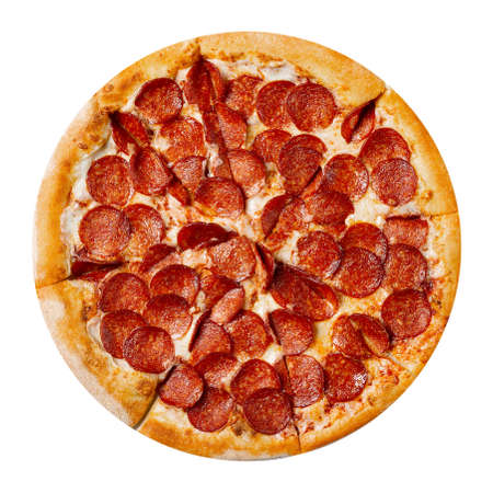 Fresh tasty pizza with pepperoni isolated on white background. Top view.の写真素材