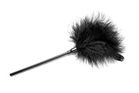 Black feathered fetish equipment stick whip. BDSM Sex tool isolated on white background.