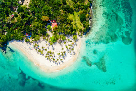 Aerial drone view of beautiful caribbean tropical island Cayo Levantado beach with palms.の写真素材
