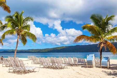 Beautiful Cayo Levantado island beach with palms. Samana, Dominican Republic. Vacation travel background.の写真素材