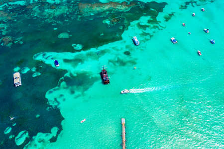 Aerial drone view of beautiful caribbean resort with bridge and boats. Bavaro, Punta Cana, Dominican Republic. Vacation backgroundの写真素材