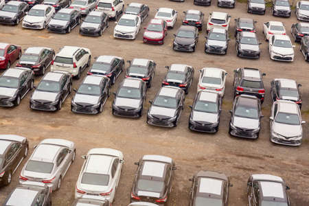Moscow, Russia - October, 2018: Many Toyota cars on reseller parking in rows from above. Toyota is a japanese manufacturer of automobiles and commercial vehiclesのeditorial素材