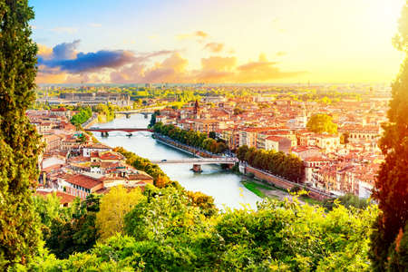 Beautiful sunset aerial view of Verona. Veneto region in italy. Verona sunset cityscapeの写真素材