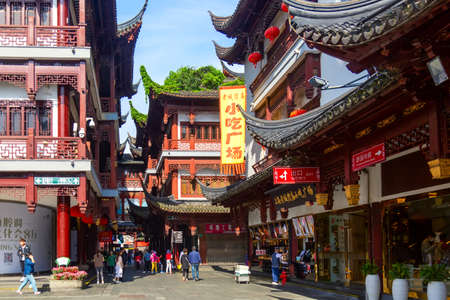 Shanghai, China - May, 2019: Chinese style historical buildings in the area of Yuyuan Garden in Shanghai, China. Old Shanghai street.のeditorial素材