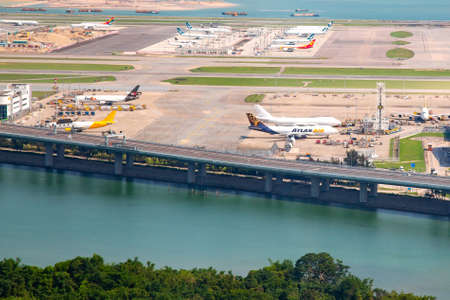 Aerial view of Chek Lap Kok international airport in Hong Kong, SAR of Chinaのeditorial素材