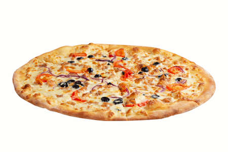 Fresh tasty pizza with mozzarella cheese, olives, paprika, onion and salmon fish meat isolated on white background.の写真素材