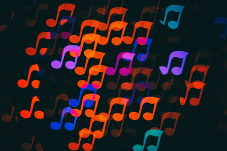 Colorful bokeh music note shape lights background. Melody music abstract background.の写真素材