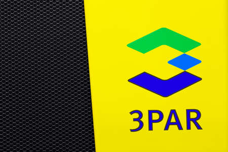 Moscow, Russia - February, 2021: HPE 3PAR logo on a storage rack in Datacenter. The Hewlett Packard Enterprise Company HPE is an American multinational enterprise IT company based in San Jose.のeditorial素材