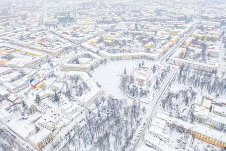 Aerial view of Orthodox Church of Elijah the Prophet and old city center in winter of Yaroslavl, Russia.の写真素材