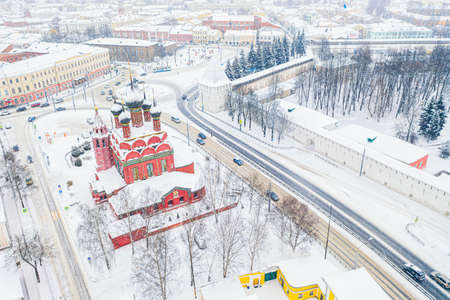 Aerial drone view of Orthodox Epiphany Church and old city center in winter of Yaroslavl, Russia. Ancient Russian city of the touristic Golden Ringのeditorial素材