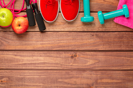 Fitness and sport concept. Red sneakers, apples, jump rope, dumbbells and pink towel on wooden background. Free space.の写真素材