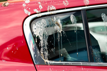 Dirty red car surface with lot of bird pigeon droppings. Dirty place conceptの写真素材
