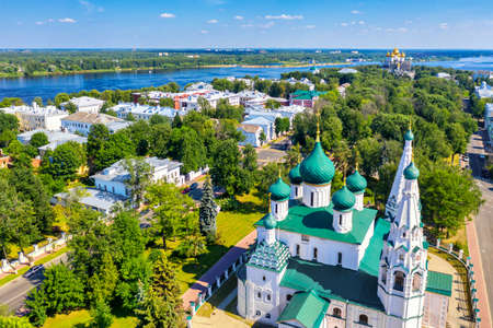 Aerial drone view of Orthodox Church of Elijah the Prophet, Assumption Cathedral, Strelka park and Volga river in summer of Yaroslavl, Russiaの写真素材
