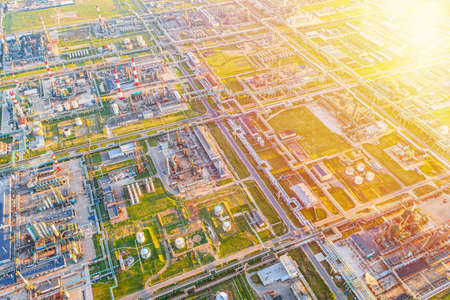 Aerial drone view of petrol industrial zone or oil refinery in Yaroslavl, Russia during sunset time.の写真素材