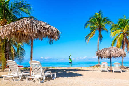 Sun loungers under straw umbrellas on the sandy beach with palms near ocean with sailboat. Vacation background. Idyllic beach landscape. Varadero, Cuba.の写真素材