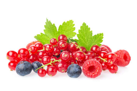 Healthy fresh food berries group. Fresh raspberries, blueberries, blackberries and red currant with leaves isolated on white backgroundの写真素材