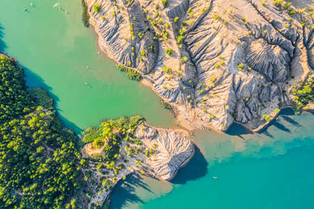 Aerial drone view of Romantsevskiye Gory, Konduki in Tula region, Russia. Beautiful lakes and mountain nature summer landscape.の写真素材