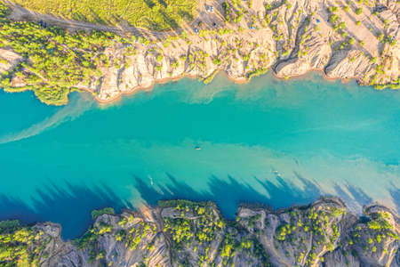 Aerial drone view of Romantsevskiye Gory, Konduki in Tula region, Russia. Beautiful lakes and mountain nature summer landscape.の写真素材
