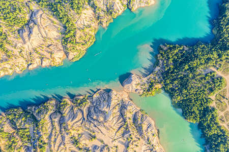 Aerial drone view of Romantsevskiye Gory, Konduki in Tula region, Russia. Beautiful lakes and mountain nature summer landscape.の写真素材