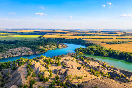 Aerial drone view of Romantsevskiye Gory, Konduki in Tula region, Russia. Beautiful lakes and mountain nature summer landscape.の写真素材